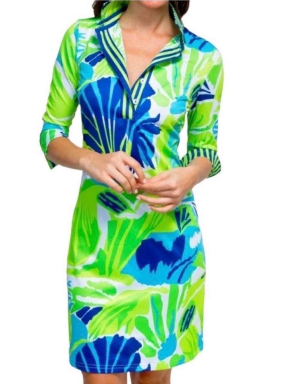Gretchen Scott EveryWear Jersey Dress in Frond Frenzy XL Royal Blue Kelly Green